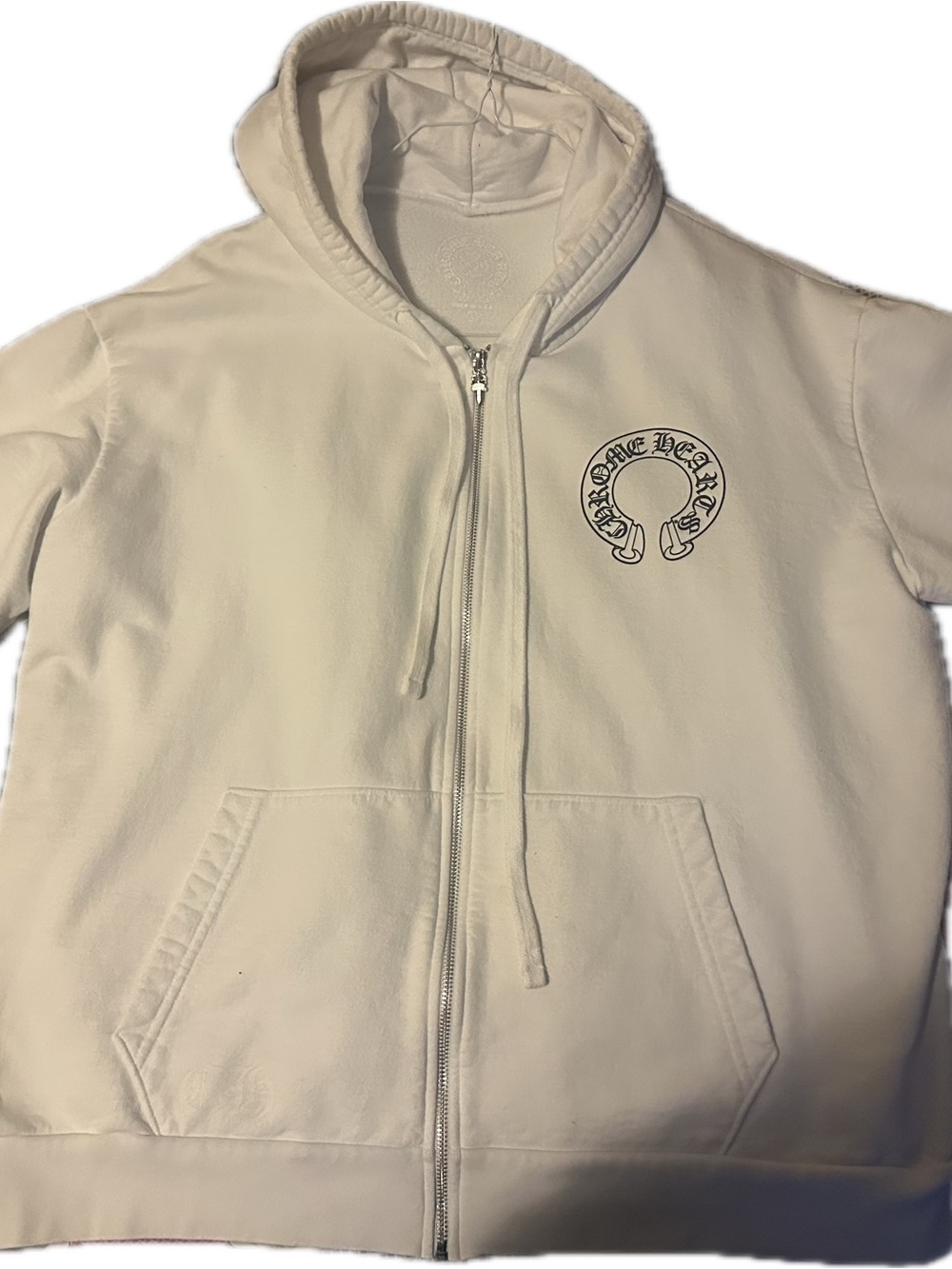 Chrome Hearts White Zip-Up Hoodie w/ Black Sleeve Cross Motifs Size L EUC